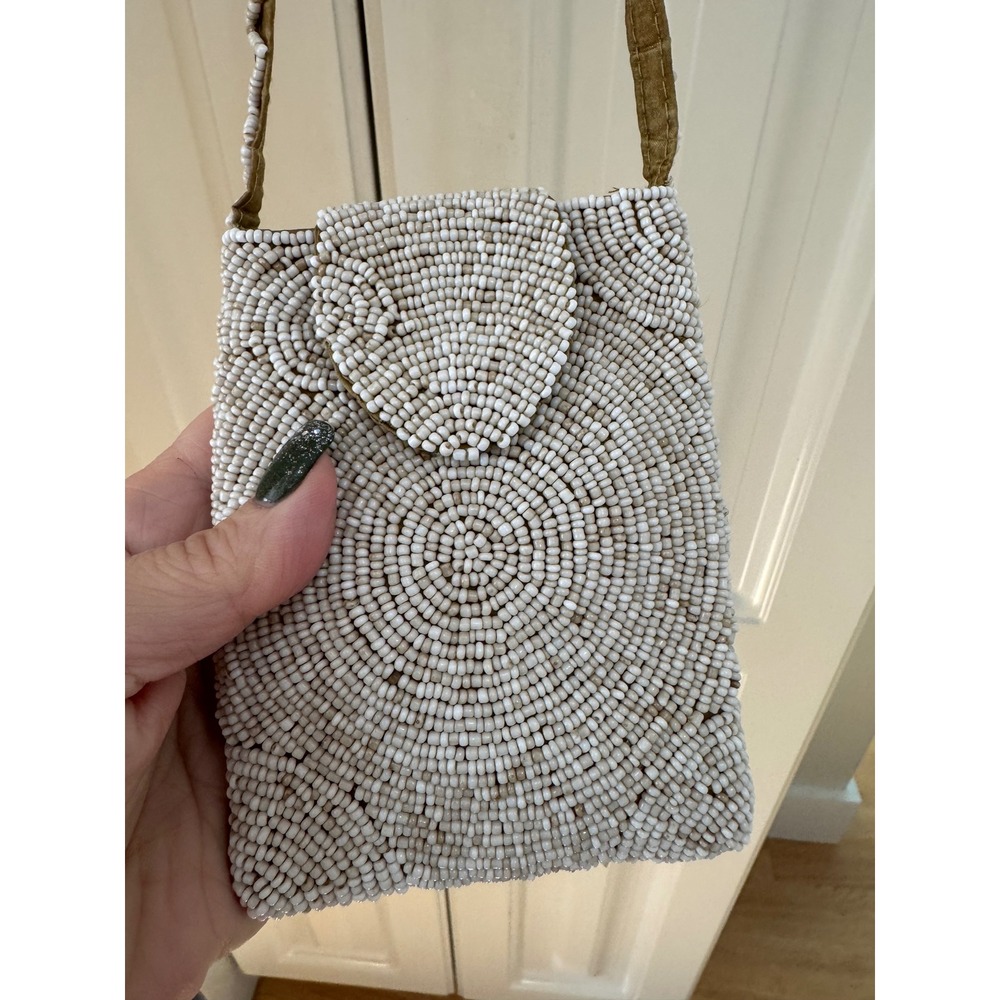 Vintage Beaded Phone Bag White Tan Small Crossbody‎ Evening Bag With Strap
